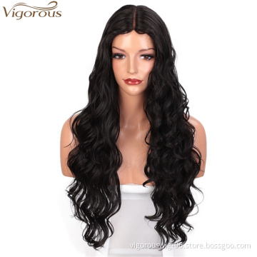 Vigorous High Temperature Long Body Wavy Wig Middle Part Synthetic Natural Black Wigs For Black Women Wholesale Price